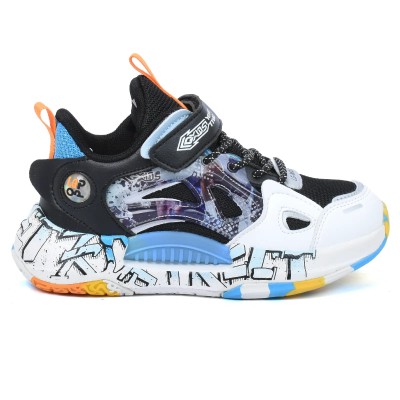 Basket enfant L-G KIDS LIY35150S-N-BL coloris noir bleu et orange avec semelle graffiti