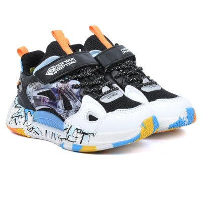 Basket enfant L-G KIDS LIY35150S-N-BL coloris noir bleu et orange avec semelle graffiti