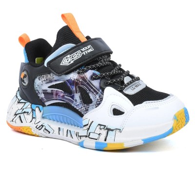Basket enfant L-G KIDS LIY35150S-N-BL coloris noir bleu et orange avec semelle graffiti