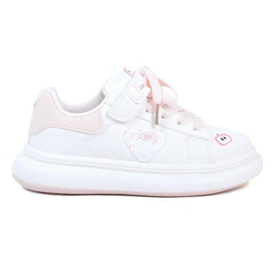 Basket fille blanche et rose à scratch motif cœur ROBINSON A109-BC