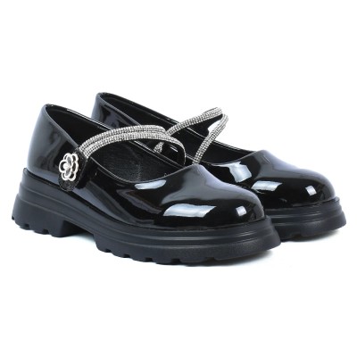 Chaussure fille noire vernie à bride strass fleur OSCAR KIDS OK-DR2606-A-N