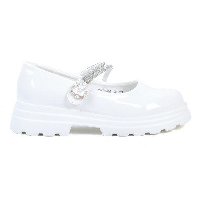 Chaussure fille blanche vernie à bride strass fleur OSCAR KIDS OK-DR2606-A-BC