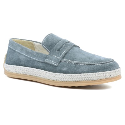Chaussures homme ELITO EL-2530-D-VTF en cuir suédé bleu, mocassin élégant avec semelle tressée