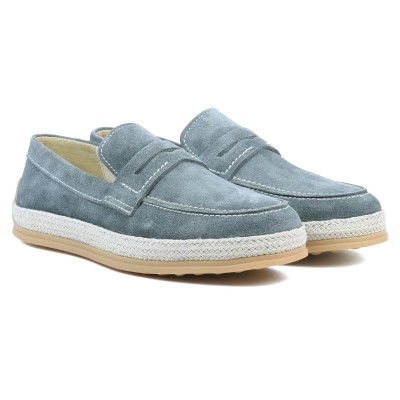 Chaussures homme ELITO EL-2530-D-VTF en cuir suédé bleu, mocassin élégant avec semelle tressée