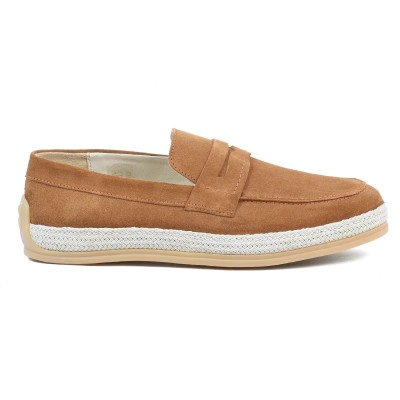 Chaussures homme ELITO EL-2530-D-TC en cuir suédé camel, mocassin élégant avec semelle tressée