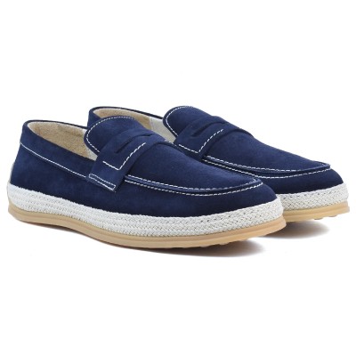 Chaussures homme ELITO EL-2530-D-BM en cuir suédé bleu marine, mocassin élégant avec semelle tressée