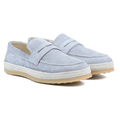 Chaussures homme ELITO EL-2530-D-GC en cuir suédé gris clair, mocassin élégant avec semelle tressée