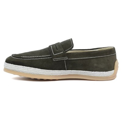 Chaussures homme ELITO EL-2530-D-VTF en cuir suédé vert foncé, mocassin élégant avec semelle tressée