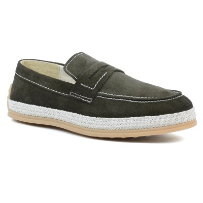 Chaussures homme ELITO EL-2530-D-VTF en cuir suédé vert foncé, mocassin élégant avec semelle tressée