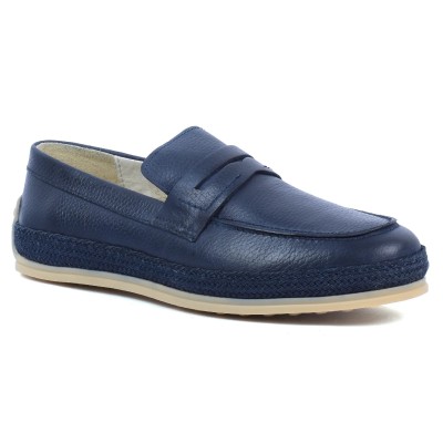 Chaussures homme ELITO EL-2530-CBM en cuir lisse bleu marine, mocassin élégant avec semelle tressée