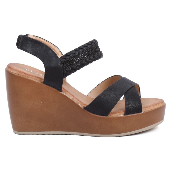 SANDALES COMPENSÉES FEMME TRESSÉ NOIR