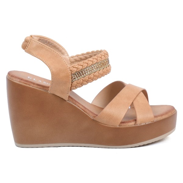 SANDALES COMPENSÉES FEMME TRESSÉ CAMEL