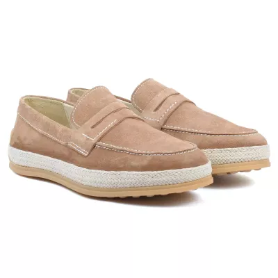 Chaussures homme ELITO EL-2530-D-bg en cuir suédé beige , mocassin élégant avec semelle tressée