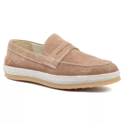 Chaussures homme ELITO EL-2530-D-bg en cuir suédé beige , mocassin élégant avec semelle tressée
