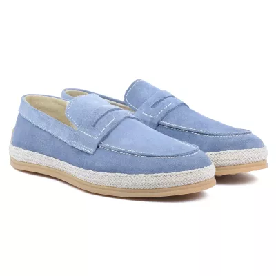 Chaussures homme ELITO EL-2530-D-BLC en cuir suédé bleu ciel, mocassin élégant avec semelle tressée
