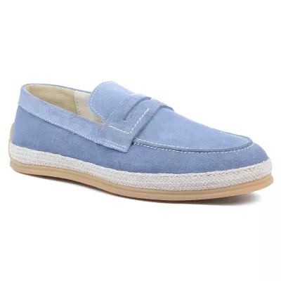 Chaussures homme ELITO EL-2530-D-BLC en cuir suédé bleu ciel, mocassin élégant avec semelle tressée