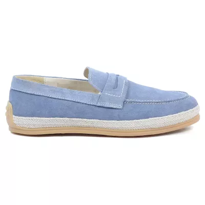 Chaussures homme ELITO EL-2530-D-BLC en cuir suédé bleu ciel, mocassin élégant avec semelle tressée