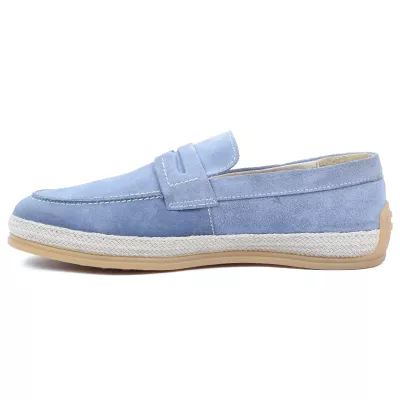 Chaussures homme ELITO EL-2530-D-BLC en cuir suédé bleu ciel, mocassin élégant avec semelle tressée