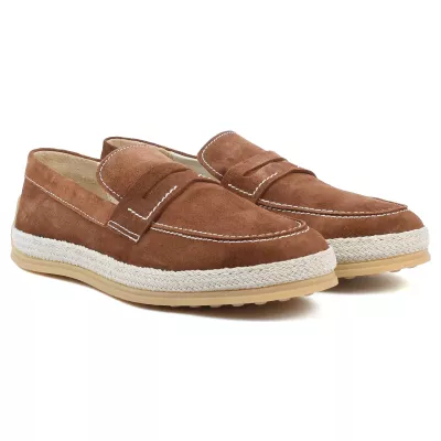 Chaussures homme ELITO EL-2530-D-M en cuir suédé marron, mocassin élégant avec semelle tressée