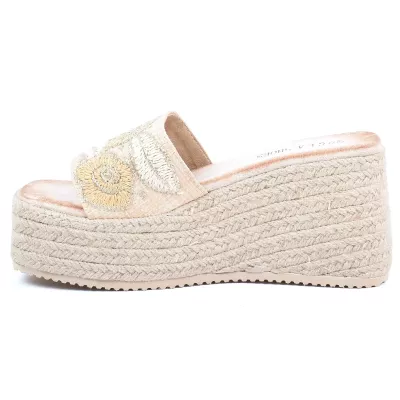 Mule compensée espadrille beige GLA GLA-LL-180-BG, bride avec broderie florale et semelle corde