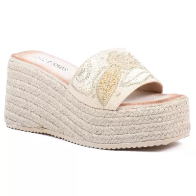 Mule compensée espadrille beige GLA GLA-LL-180-BG, bride avec broderie florale et semelle corde