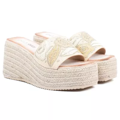 Mule compensée espadrille beige GLA GLA-LL-180-BG, bride avec broderie florale et semelle corde
