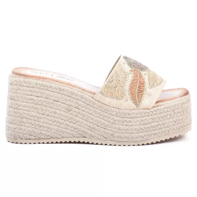 Mule compensée espadrille beige GLA GLA-LL-180-BG, bride avec broderie florale et semelle corde
