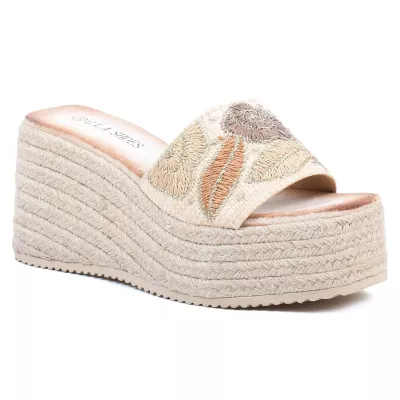 Mule compensée espadrille beige GLA GLA-LL-180-BG, bride avec broderie florale et semelle corde
