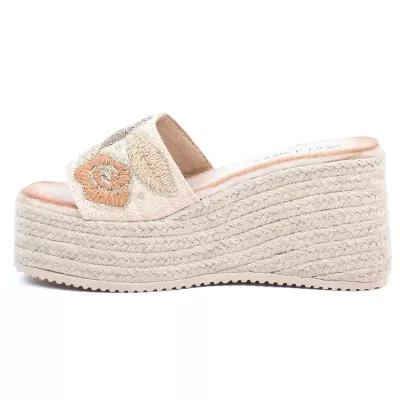Mule compensée espadrille beige GLA GLA-LL-180-BG, bride avec broderie florale et semelle corde