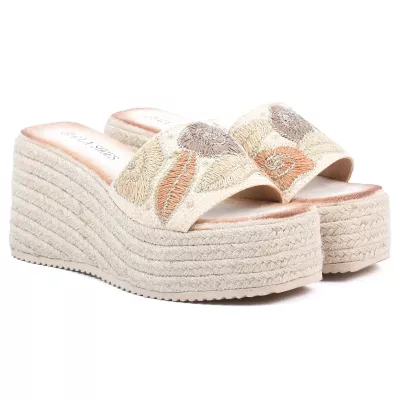Mule compensée espadrille beige GLA GLA-LL-180-BG, bride avec broderie florale et semelle corde
