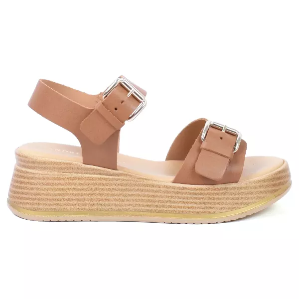 SANDALES COMPENSÉES PLATEFORME FEMME CUIR CAMEL