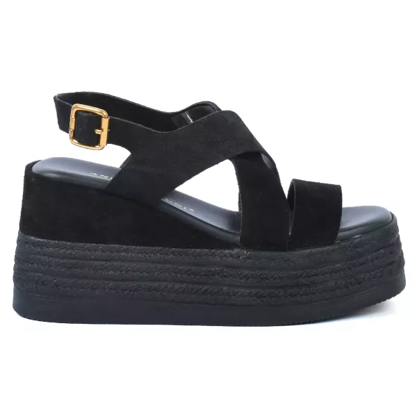 SANDALES COMPENSÉES FEMME CUIR NOIR