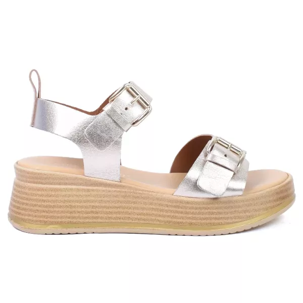 SANDALES COMPENSÉES PLATEFORME FEMME CUIR ARGENT