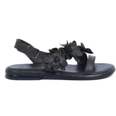 sandales plates femme cuir noir fleur ANDREA BRUNI AB-202-1-N