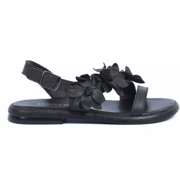 SANDALES PLATES FEMME CUIR NOIR FLEUR