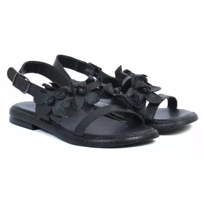 sandales plates femme cuir noir fleur ANDREA BRUNI AB-202-1-N