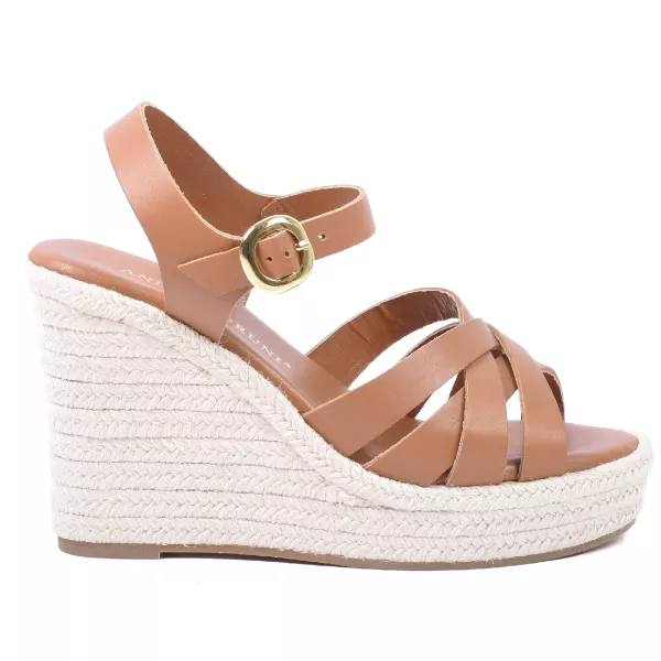 SANDALES COMPENSÉES FEMME CUIR CAMEL