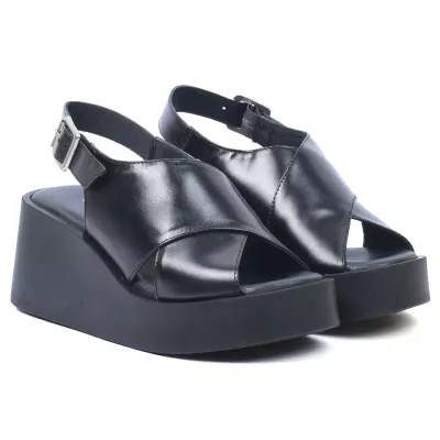 Sandales compensées cuir noir brides croisées slingback talon 7 cm – Andrea Bruni AB-206-5-N