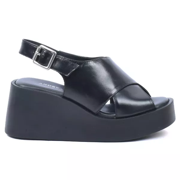 SANDALES COMPENSÉES CUIR NOIR FEMME