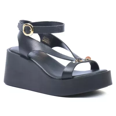 Sandales compensées cuir noir brides fines ornements cabochons dorés talon 7 cm – Andrea Bruni AB-517-8-N