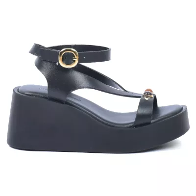 Sandales compensées cuir noir brides fines ornements cabochons dorés talon 7 cm – Andrea Bruni AB-517-8-N