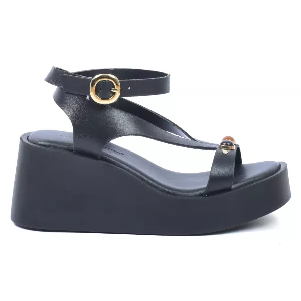 SANDALES COMPENSÉES CUIR NOIR ORNEMENTS DORÉS FEMME