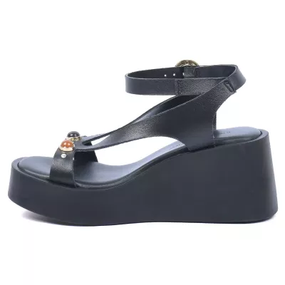 Sandales compensées cuir noir brides fines ornements cabochons dorés talon 7 cm – Andrea Bruni AB-517-8-N