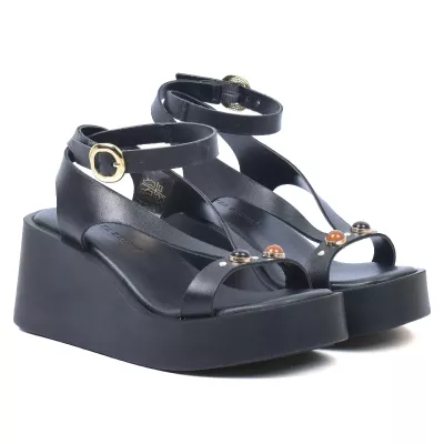 Sandales compensées cuir noir brides fines ornements cabochons dorés talon 7 cm – Andrea Bruni AB-517-8-N