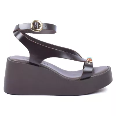 Sandales compensées cuir marron brides fines ornements cabochons dorés talon 7 cm – Andrea Bruni AB-517-8-M