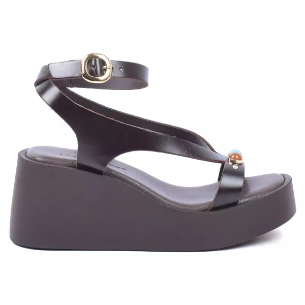 SANDALES COMPENSÉES CUIR MARRON ORNEMENTS DORÉS FEMME