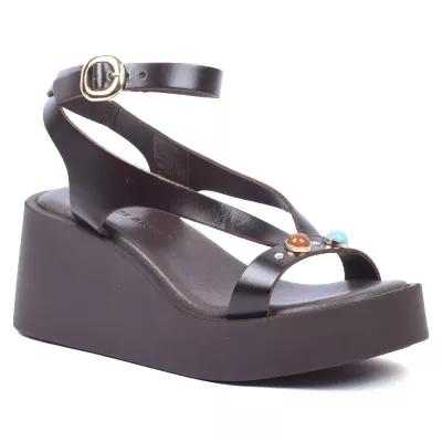 Sandales compensées cuir marron brides fines ornements cabochons dorés talon 7 cm – Andrea Bruni AB-517-8-M