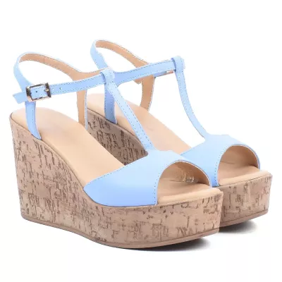 Sandales compensées cuir bleu ciel bride en T semelle liège talon 10 cm – Andrea Bruni AB-518-7-BLC