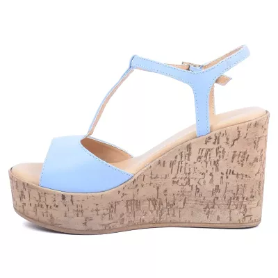 Sandales compensées cuir bleu ciel bride en T semelle liège talon 10 cm – Andrea Bruni AB-518-7-BLC