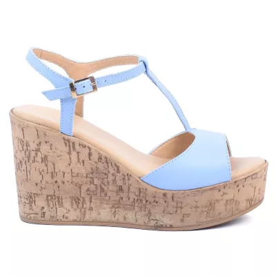 Sandales compensées cuir bleu ciel bride en T semelle liège talon 10 cm – Andrea Bruni AB-518-7-BLC